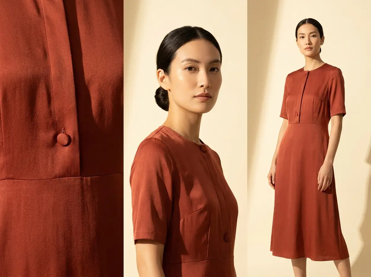 The same model wearing the same terracotta dress in three frames side by side: fabric detail, portrait, and full body, identical styling and warm light in each