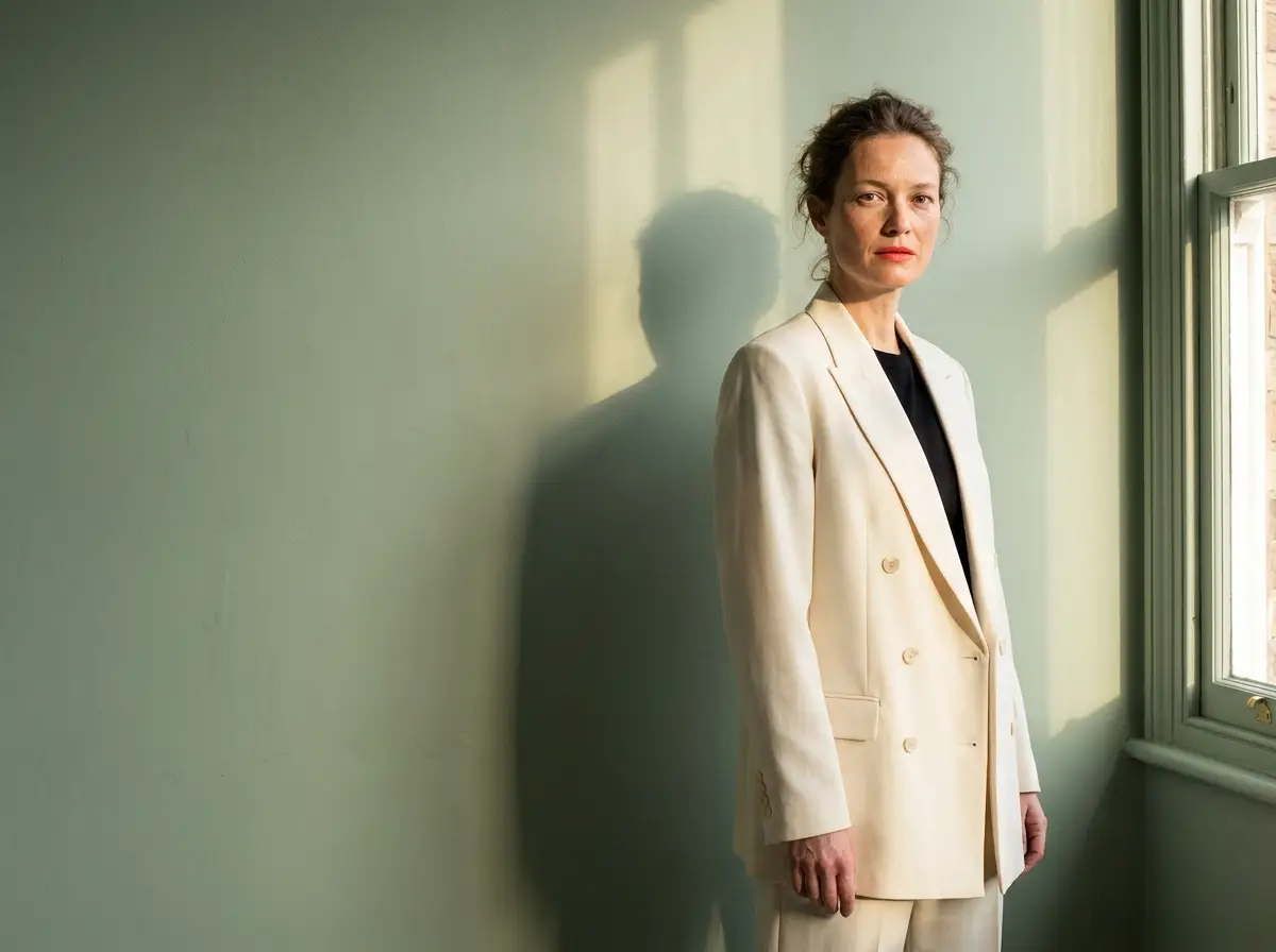 Editorial fashion portrait of a model in a cream tailored suit, cinematic directional light, magazine-quality finish