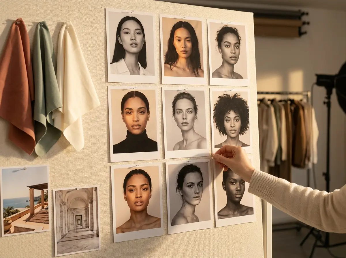 A casting and moodboard wall: a grid of model portraits, fabric swatches, and location references pinned for creative direction review