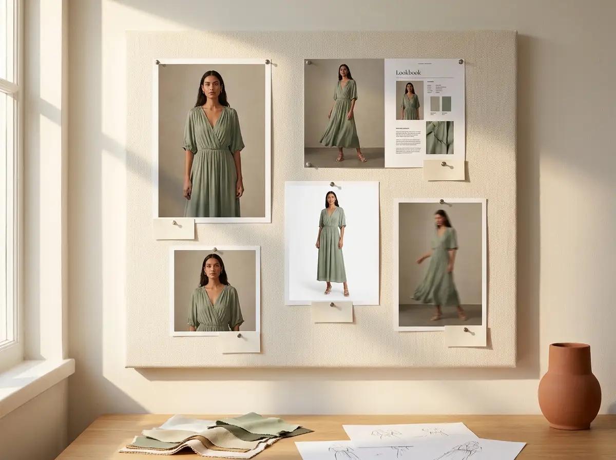 A wall of finished campaign assets from one look: editorial shot, lookbook page, product flat, and social crop pinned in a neat production grid